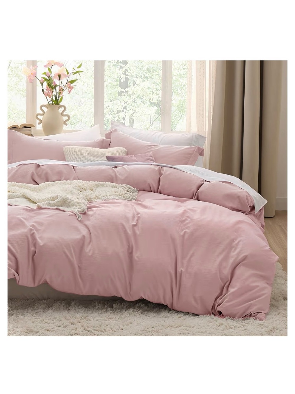 Prewashed Cotton-Like Queen Duvet Cover Set - Soft Pink